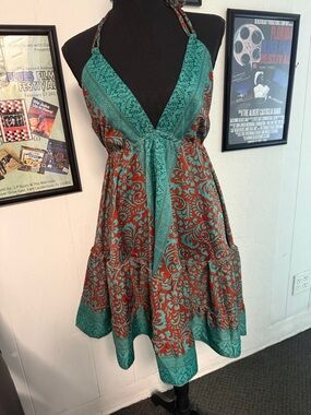 Halter Mini Dress in Teal and Rust Floral Print
